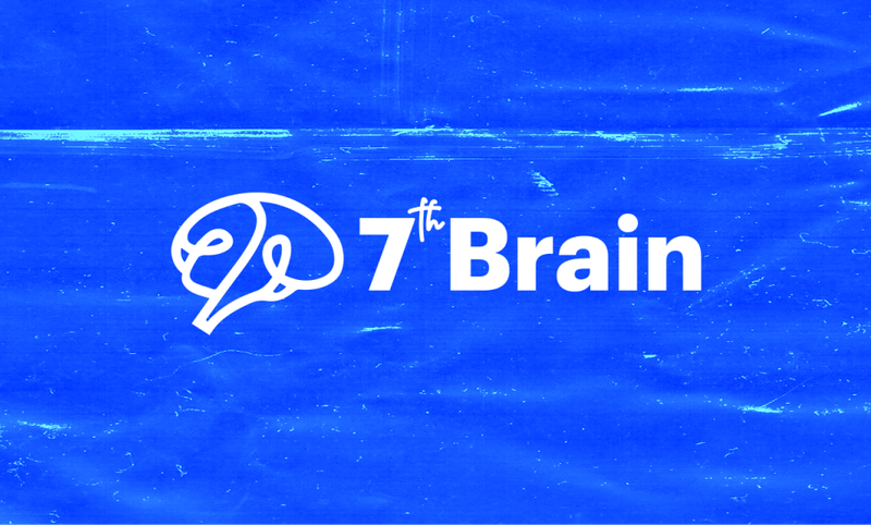 White 7th Brain logo and text centered on a textured, vibrant blue background.