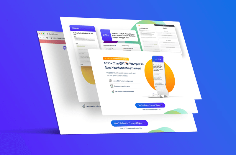 Layered website screenshots featuring ChatGPT marketing prompt templates on a blue background.