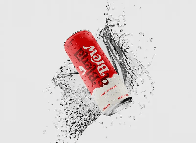 A red and white can of Blend Brew surrounded by splashing water on white.