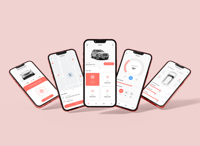 Five smartphones displaying various screens of a red electric car control mobile application.