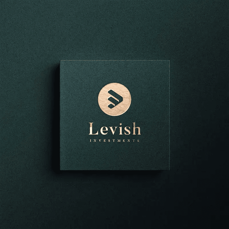 Gold foil Levish Investments logo and icon embossed on a dark green textured square.