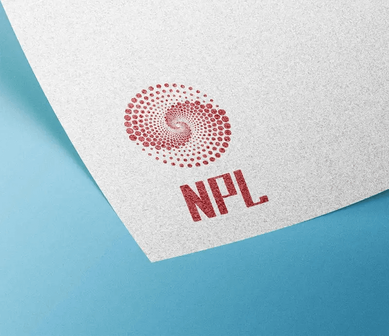Red dot spiral logo above the letters NPL on a textured white paper sheet.