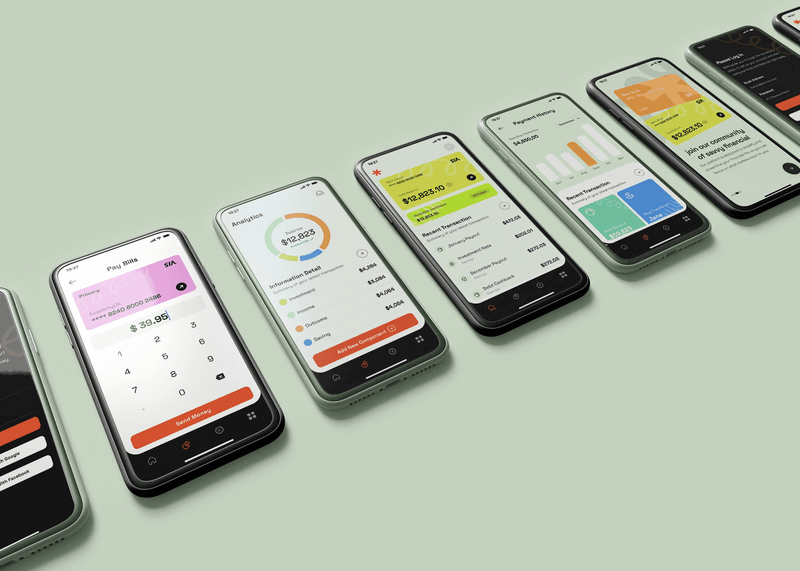 Isometric row of smartphones displaying colorful financial and banking application interface designs.