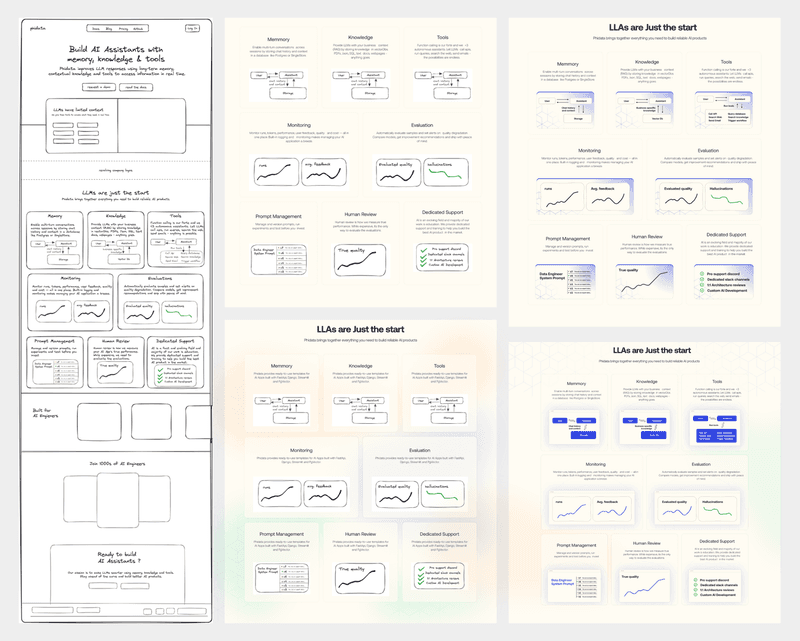 Interface wireframes and layouts for a website focused on building AI assistants with memory.