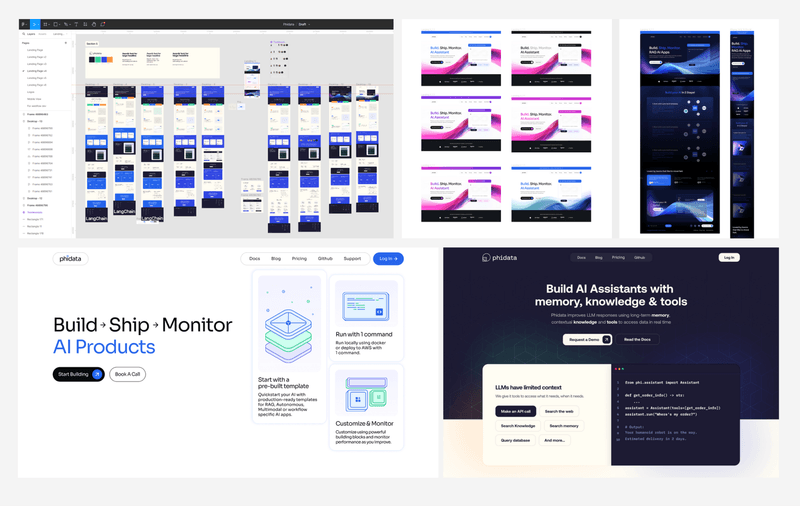 Grid of UI design variations and landing pages for an AI software product workspace.