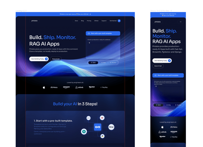 Desktop and mobile landing page designs for Phidata featuring dark themes and blue gradients.