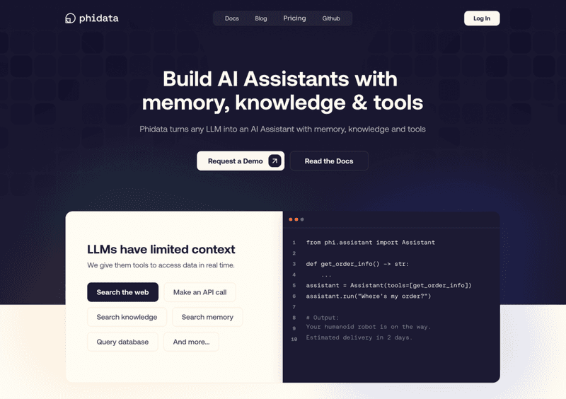 Phidata website homepage featuring text about building AI assistants and a Python code snippet.