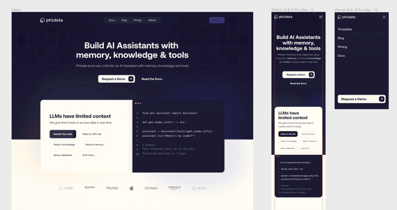 Screenshots showing Phidata's website layout on desktop and mobile viewports with dark theme.