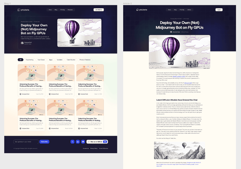 Screenshots of a blog landing page and a specific article featuring tech-focused content.