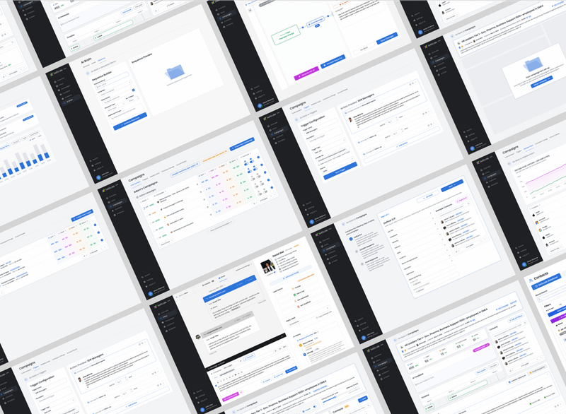 Grid of multiple software interface screenshots displaying marketing campaigns, analytics dashboards, and CRM tools.