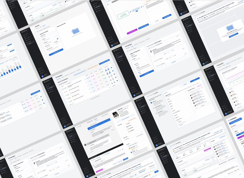 Grid of multiple software interface screenshots displaying marketing campaigns, analytics dashboards, and CRM tools.