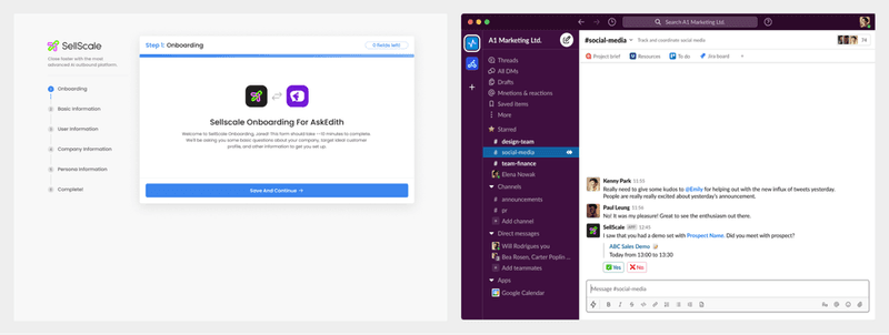 Side-by-side screenshots showing a SellScale onboarding web interface and a Slack workspace integration.