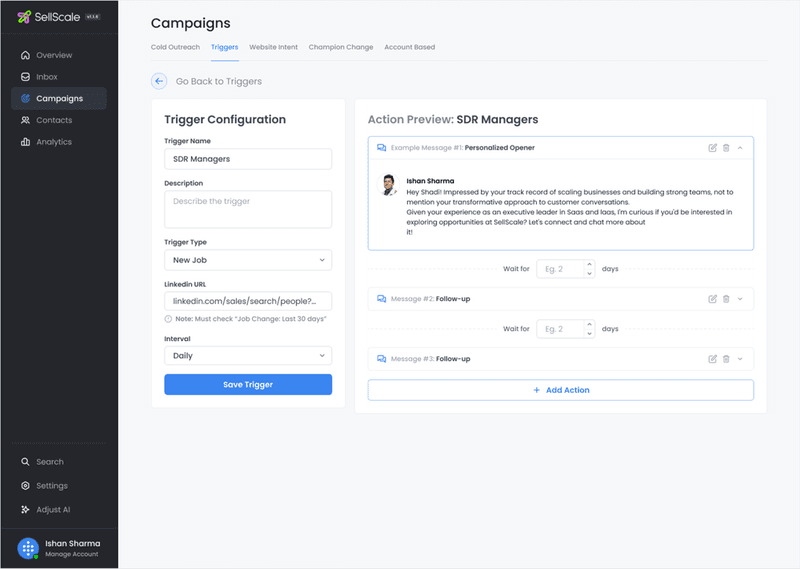SellScale software dashboard showing trigger configuration and a personalized message action preview.