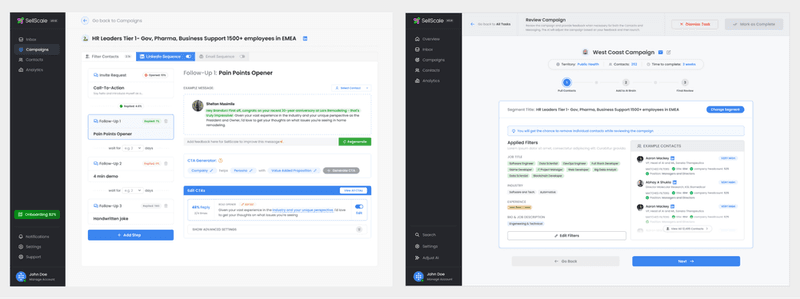 Two side-by-side screenshots showing a digital marketing campaign management dashboard with messaging and contact filters.