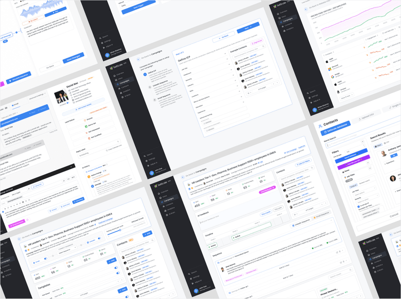 A collage of overlapping digital dashboard interfaces displaying data analytics, campaign management, and user profiles.