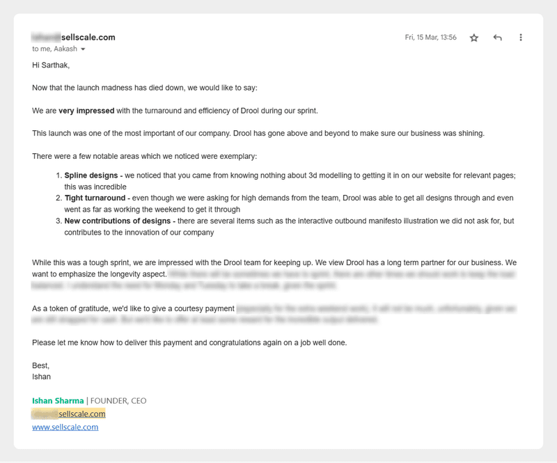 Screenshot of a professional email from SellScale praising a creative agency for their work.