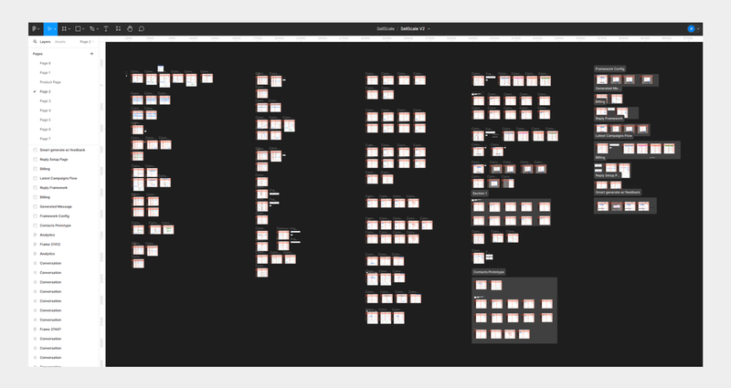A Figma design workspace displaying numerous web interface layouts organized in vertical columns.