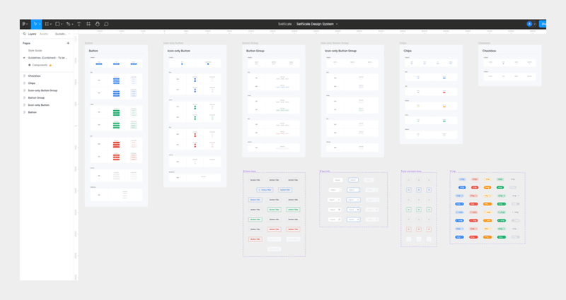 Figma interface displaying various UI components, including buttons, chips, and checkboxes in multiple colors.