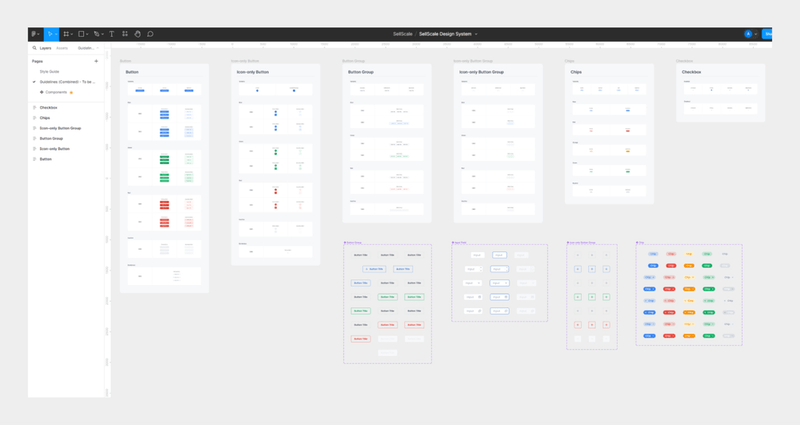 Figma interface displaying various UI components, including buttons, chips, and checkboxes in multiple colors.