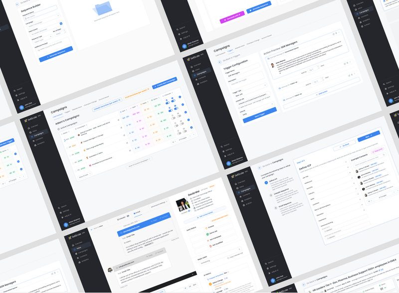 Collage showing various software dashboard screens for marketing campaigns, sequence building, and contact management.