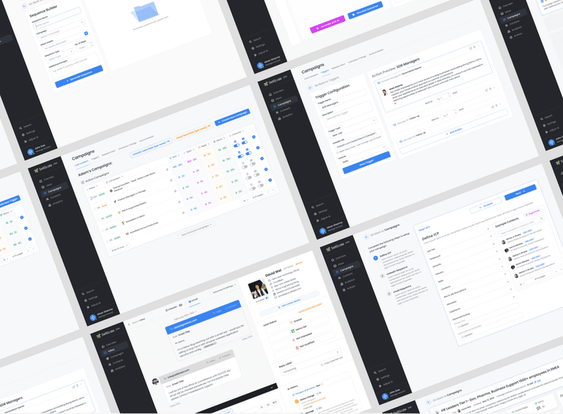 Collage showing various software dashboard screens for marketing campaigns, sequence building, and contact management.