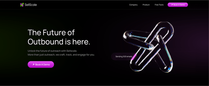 SellScale website homepage featuring a futuristic 3D metallic loop and purple "Book A Demo" button.