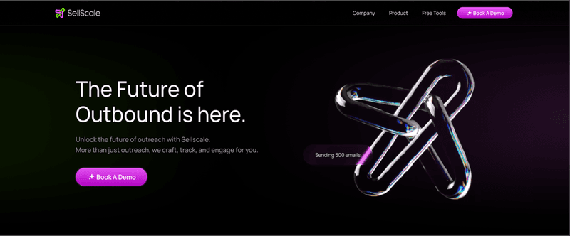SellScale website homepage featuring a futuristic 3D metallic loop and purple "Book A Demo" button.