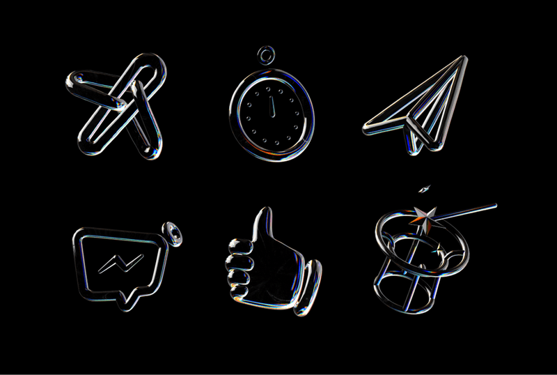 Six glossy, transparent glass 3D icons floating against a solid black background.