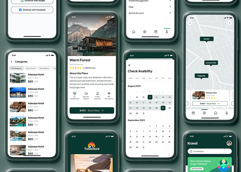 UI design mockup featuring multiple smartphones displaying various screens of a travel booking app.
