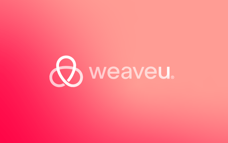 White weaveu logo with a triple-loop icon on a pink and orange gradient background.
