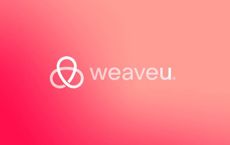 White weaveu logo with a triple-loop icon on a pink and orange gradient background.