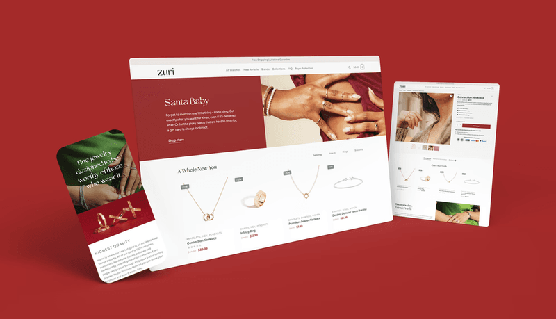 Responsive jewelry website design shown on desktop, tablet, and mobile screens over a red background.