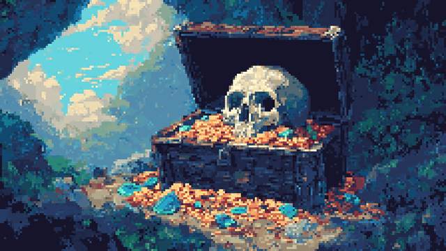 Pixel art of a skull resting on gold coins inside an open treasure chest.