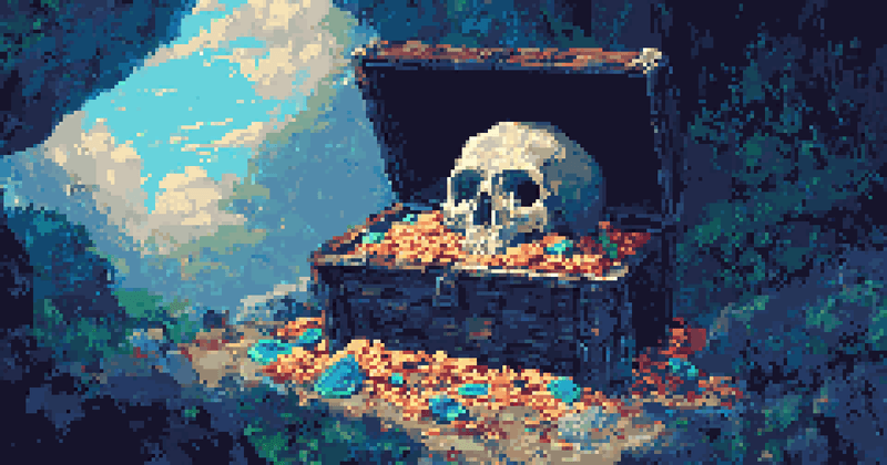 Pixel art of a skull resting on gold coins inside an open treasure chest.
