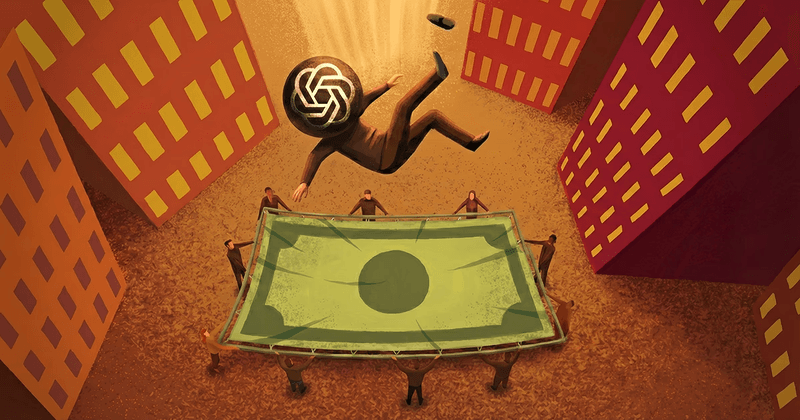 A chart showing fluctuating revenue lines for OpenAI and Anthropic, with dollar signs and question marks.