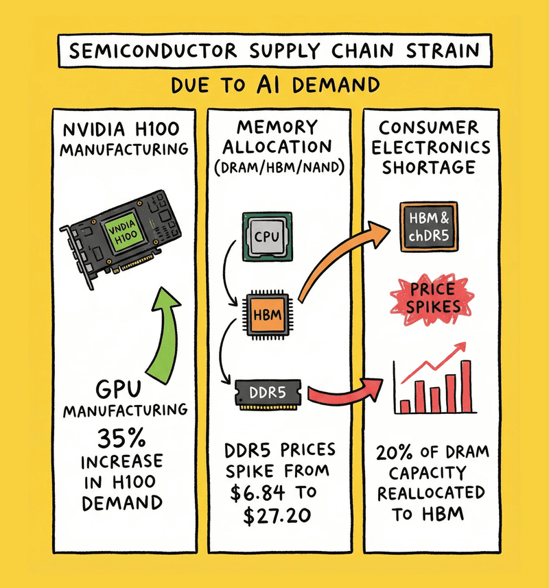 Infographic illustrating how AI demand causes semiconductor supply chain strains and price spikes.
