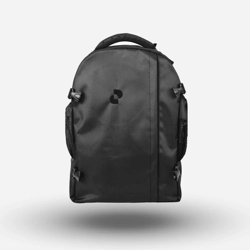Centered front view of a black tactical backpack with buckles and a small logo.