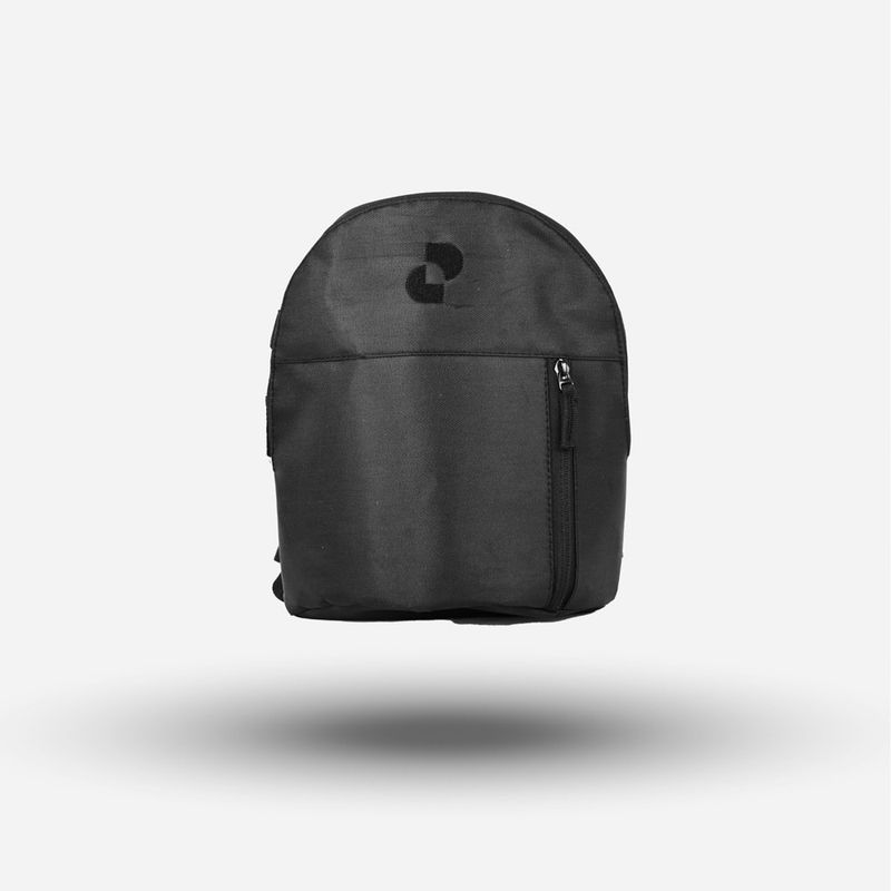 A simple black backpack with a front zipper and logo on a white background.