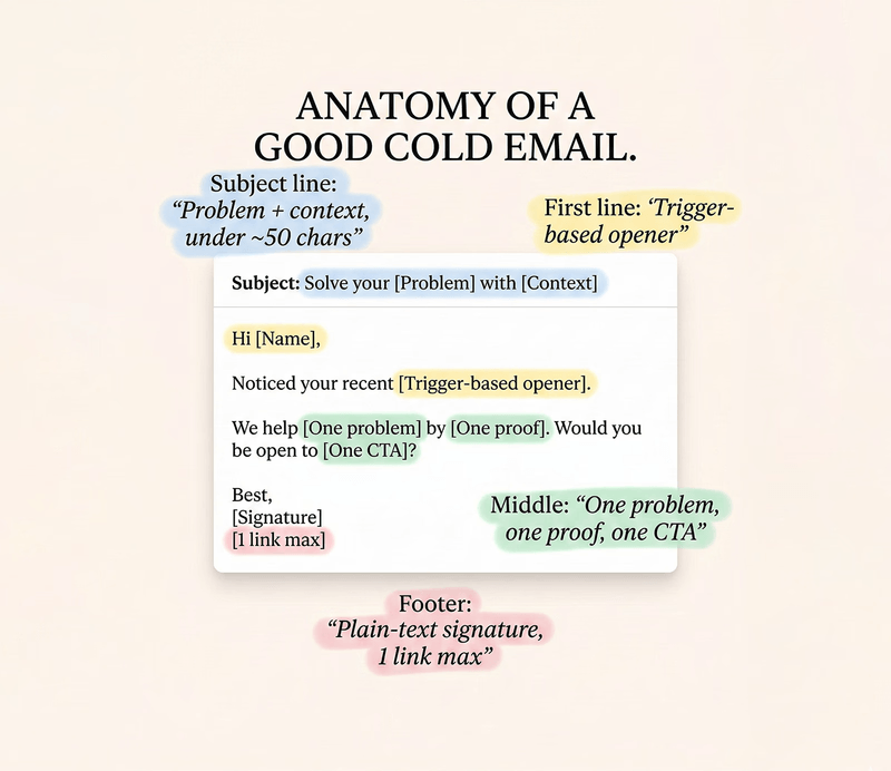 Diagram showing the anatomy of a good cold email with highlighted structural components.