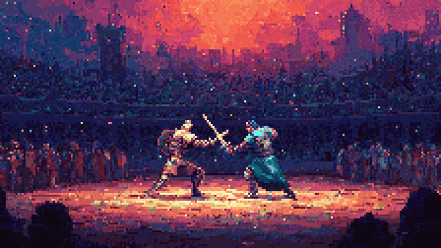 Pixel art of two knights clashing swords in a crowded arena under red skies.