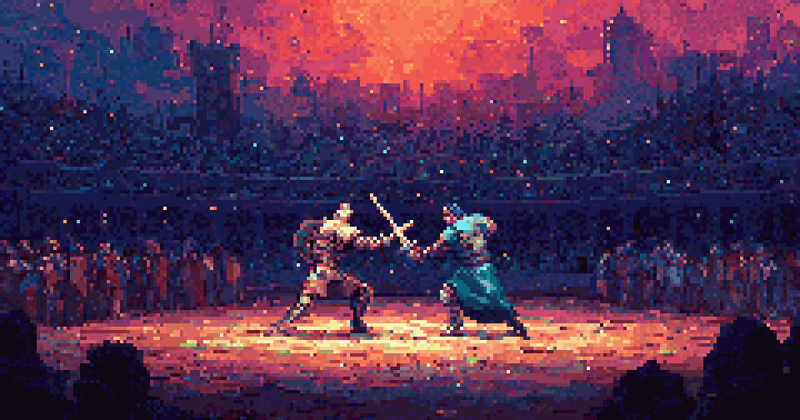 Pixel art of two knights clashing swords in a crowded arena under red skies.