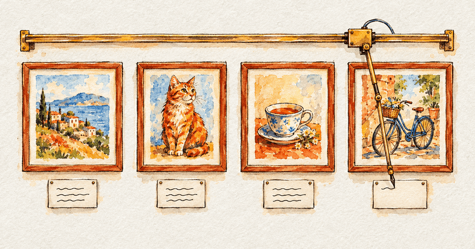 Mechanical arm writes a label below framed paintings of a landscape, cat, teacup, and bicycle.