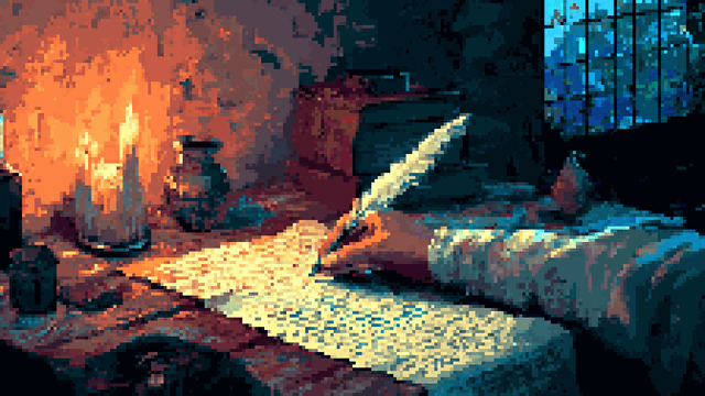 Pixel art of a person writing with a quill by candlelight in a room.