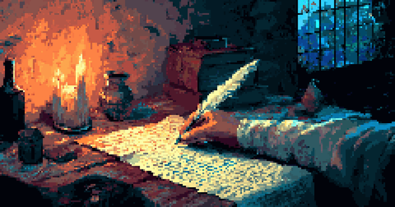 Pixel art of a person writing with a quill by candlelight in a room.