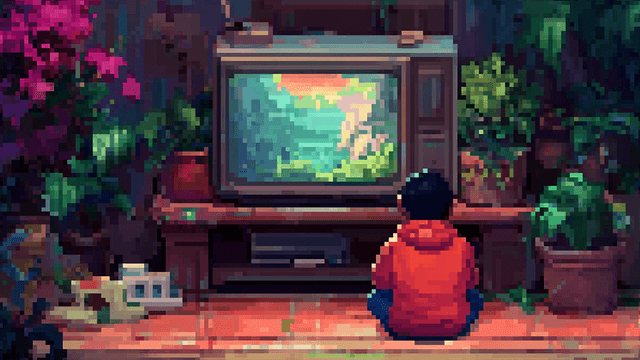 Pixel art of a person in a red hoodie watching television surrounded by lush plants.