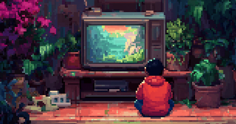 Pixel art of a person in a red hoodie watching television surrounded by lush plants.