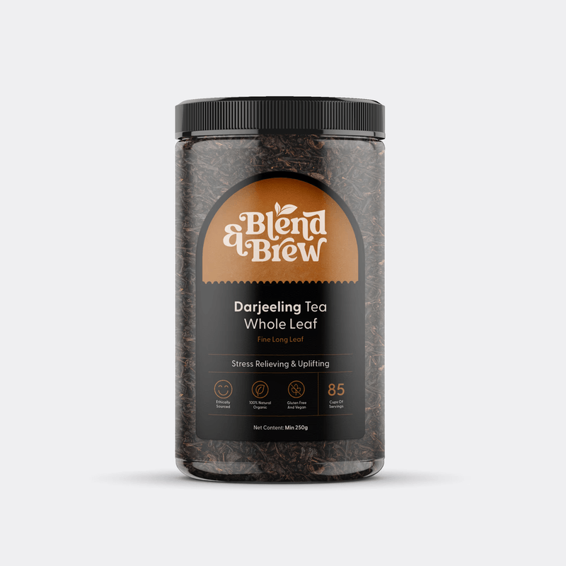Clear jar of Blend & Brew Darjeeling whole leaf tea with a black lid.