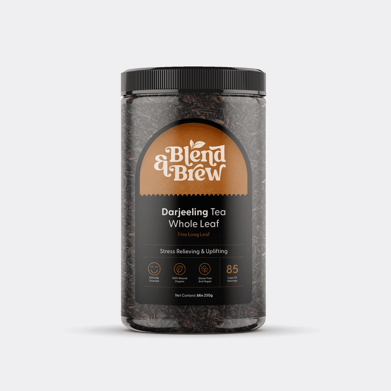 Clear jar of Blend & Brew Darjeeling whole leaf tea with a black lid.
