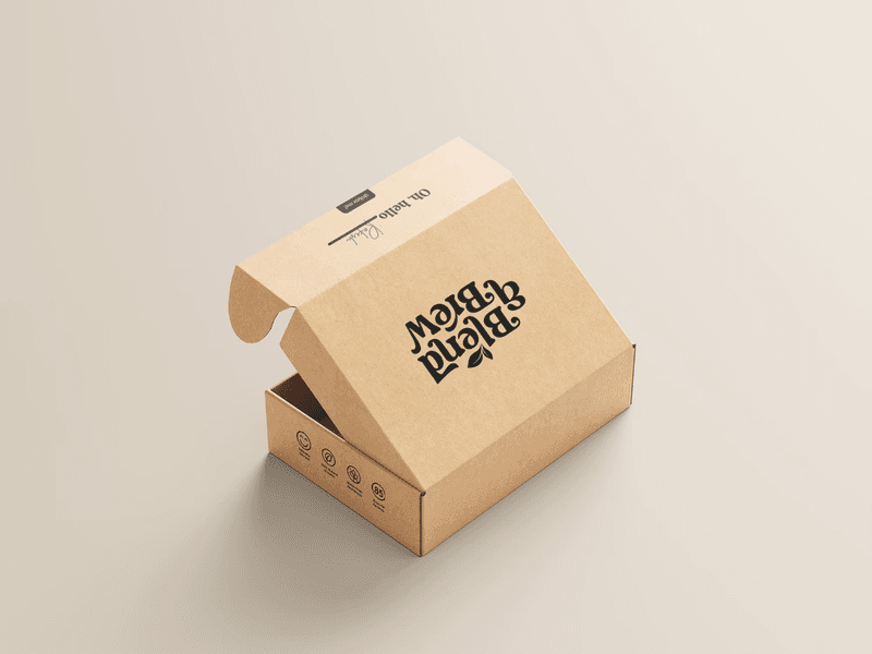 An open cardboard box featuring Blend & Brew branding on a neutral background.