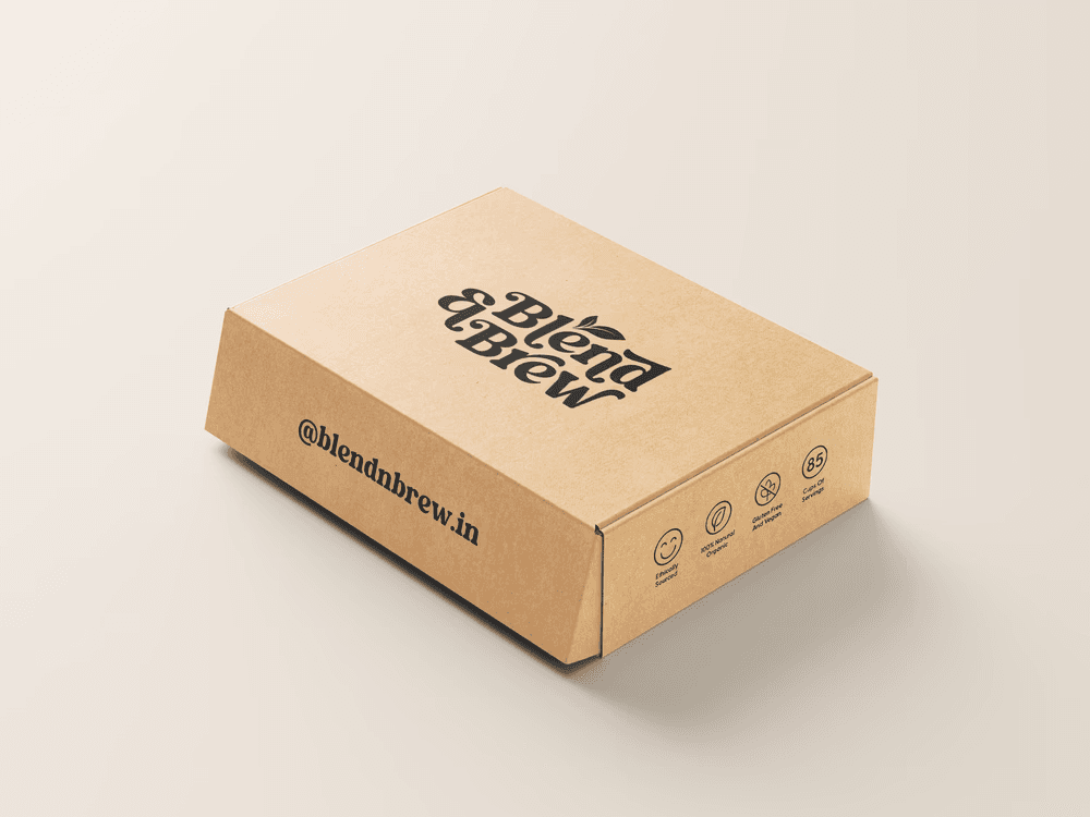 Brown cardboard shipping box with Blend and Brew branding and minimalist product icons.